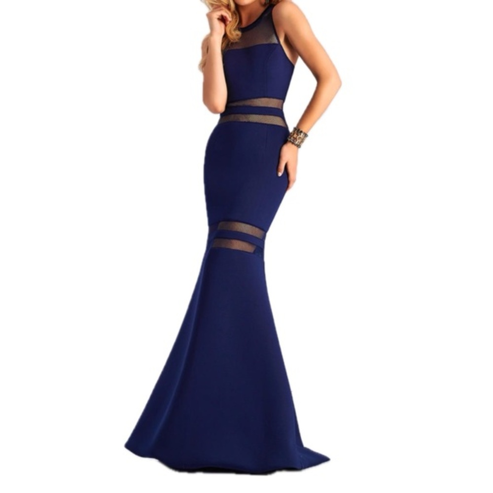 Clarisse Mesh Panel Mermaid Style Prom Dress in Navy